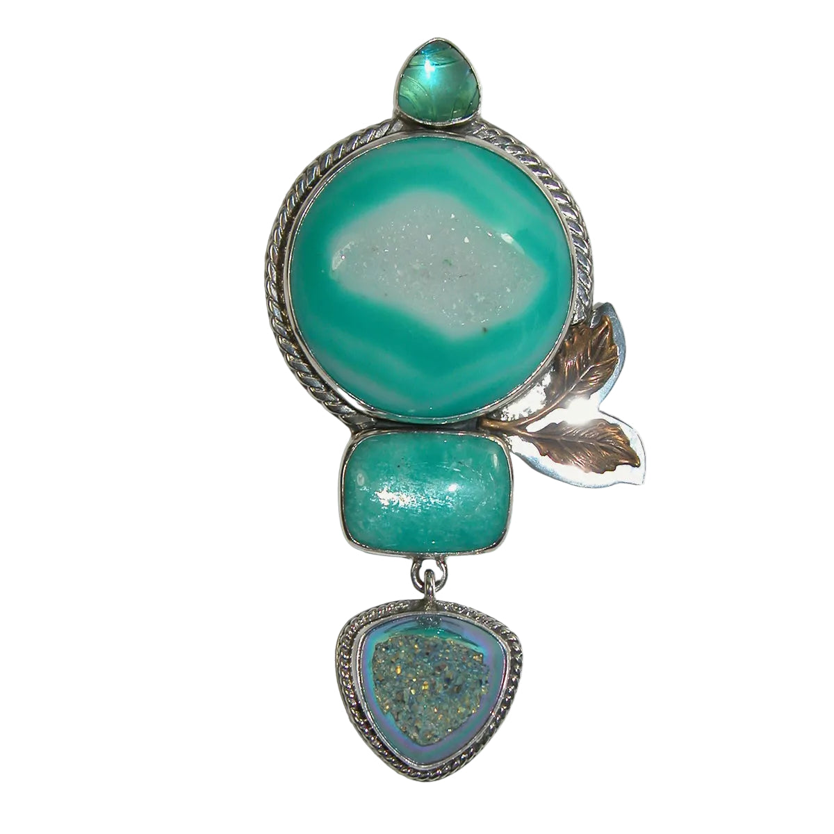 22491 Amazonite,Titanium Clad Druzy Agate, Quartz, Sterling Silver Pin / Pendant