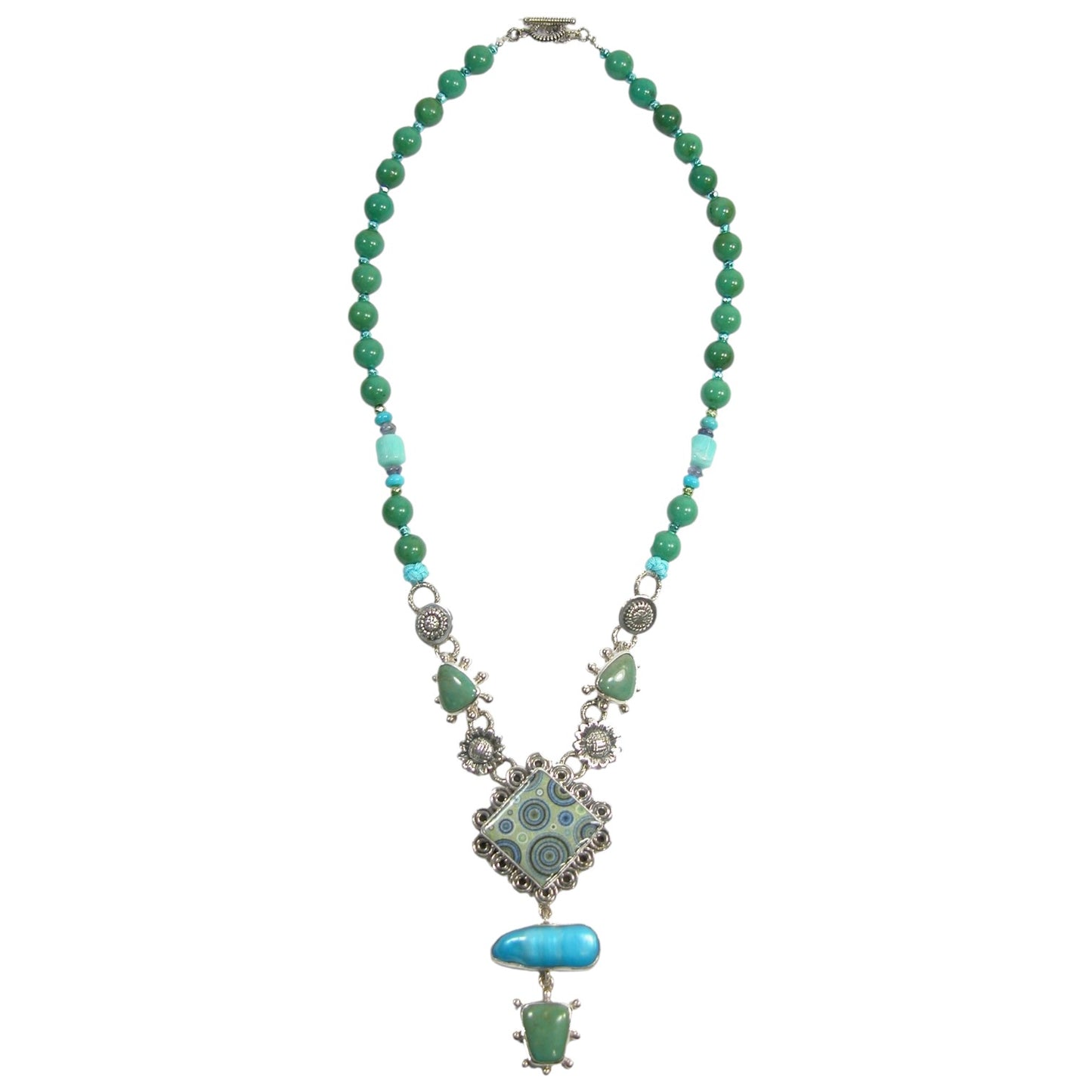 22509 Hand Made Tile, Freshwater Pearl, Turquoise Beaded Sterling Silver Necklace