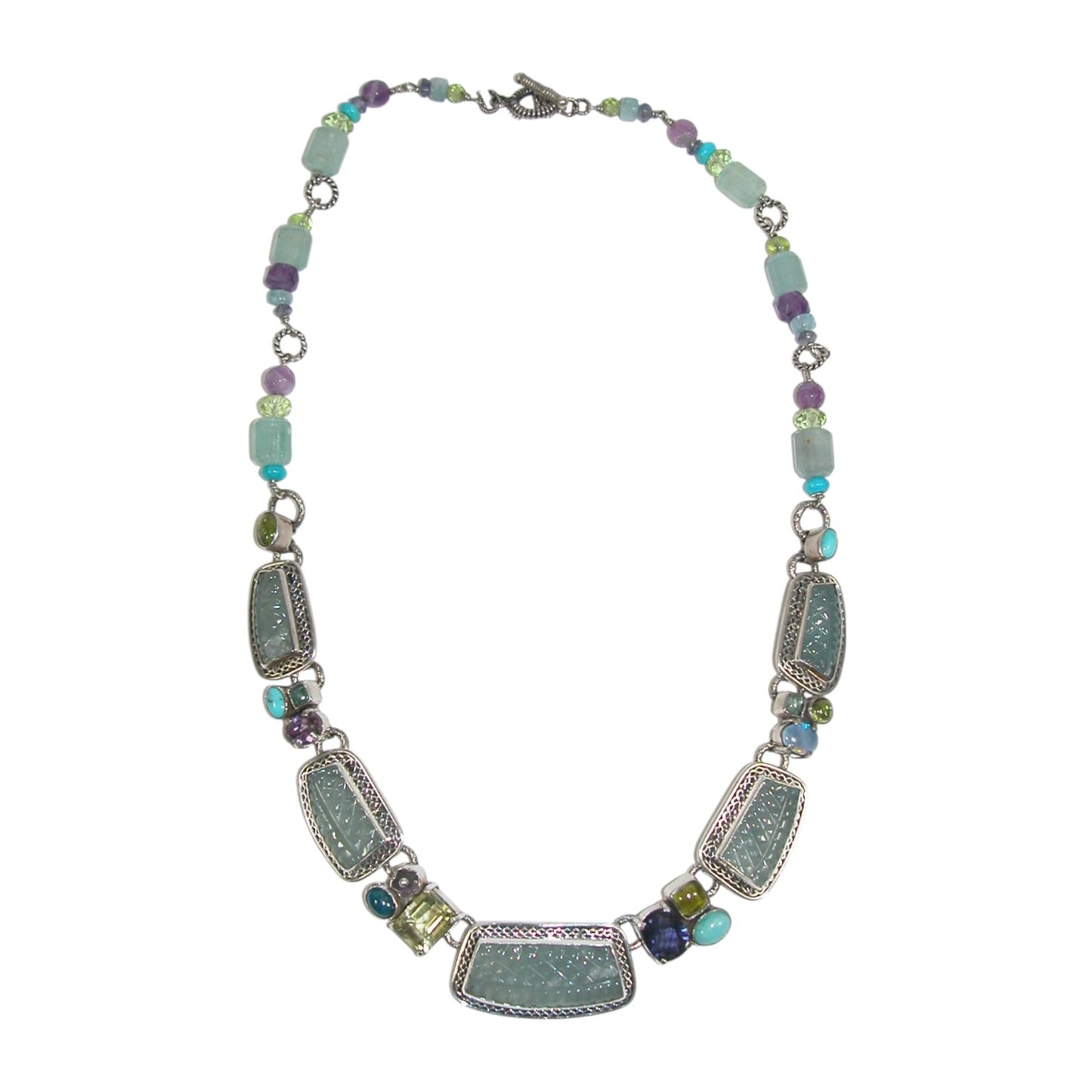 22512 Carved Jade, Opal, Turquoise, Amethyst Beaded Sterling Silver Necklace