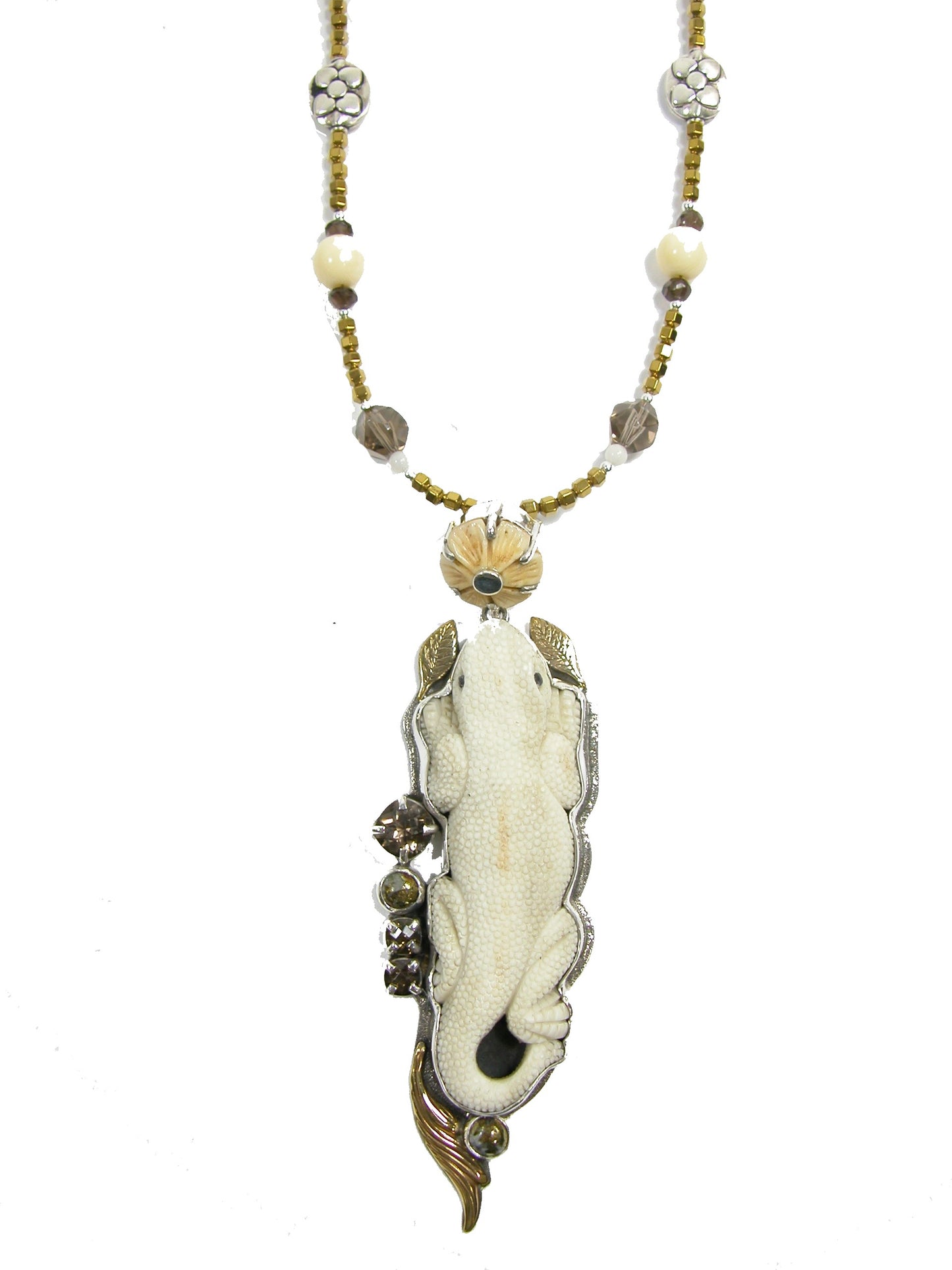 22518 Carved Antler Lizard Chalclopyrite Bone Smokey Quartz Sterling Silver Necklace