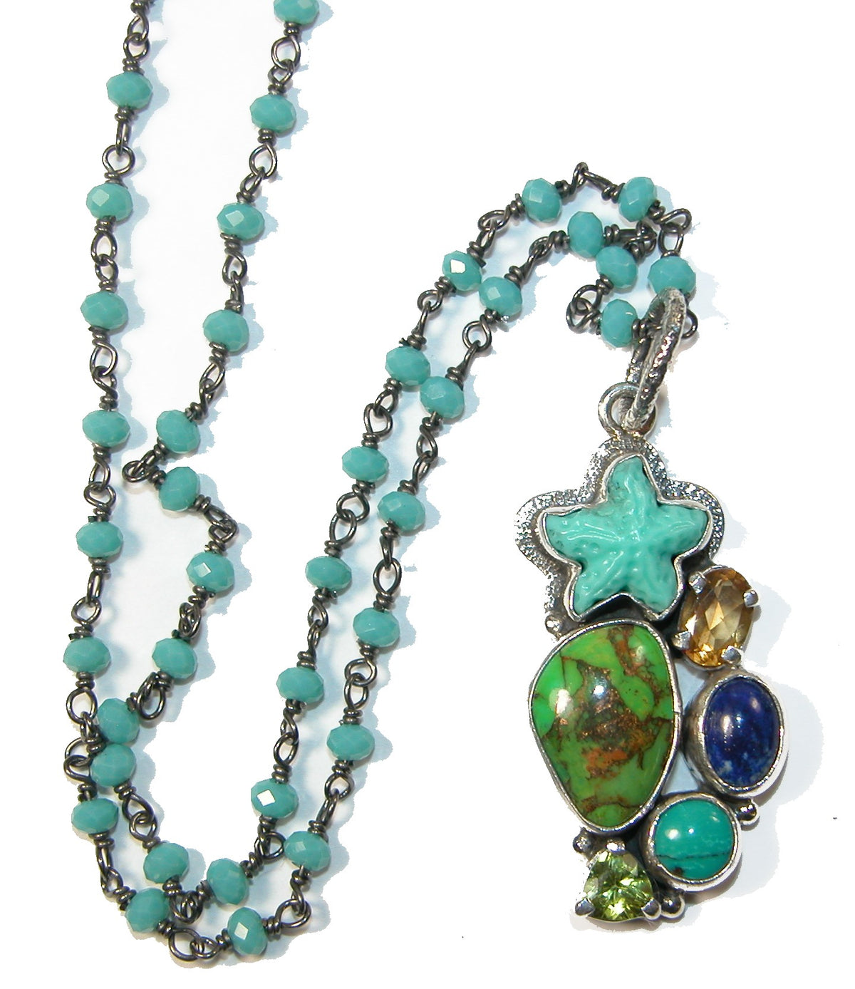 22528A Citrine Lapis Peridot Turquoise Lapis Sterling Silver Necklace