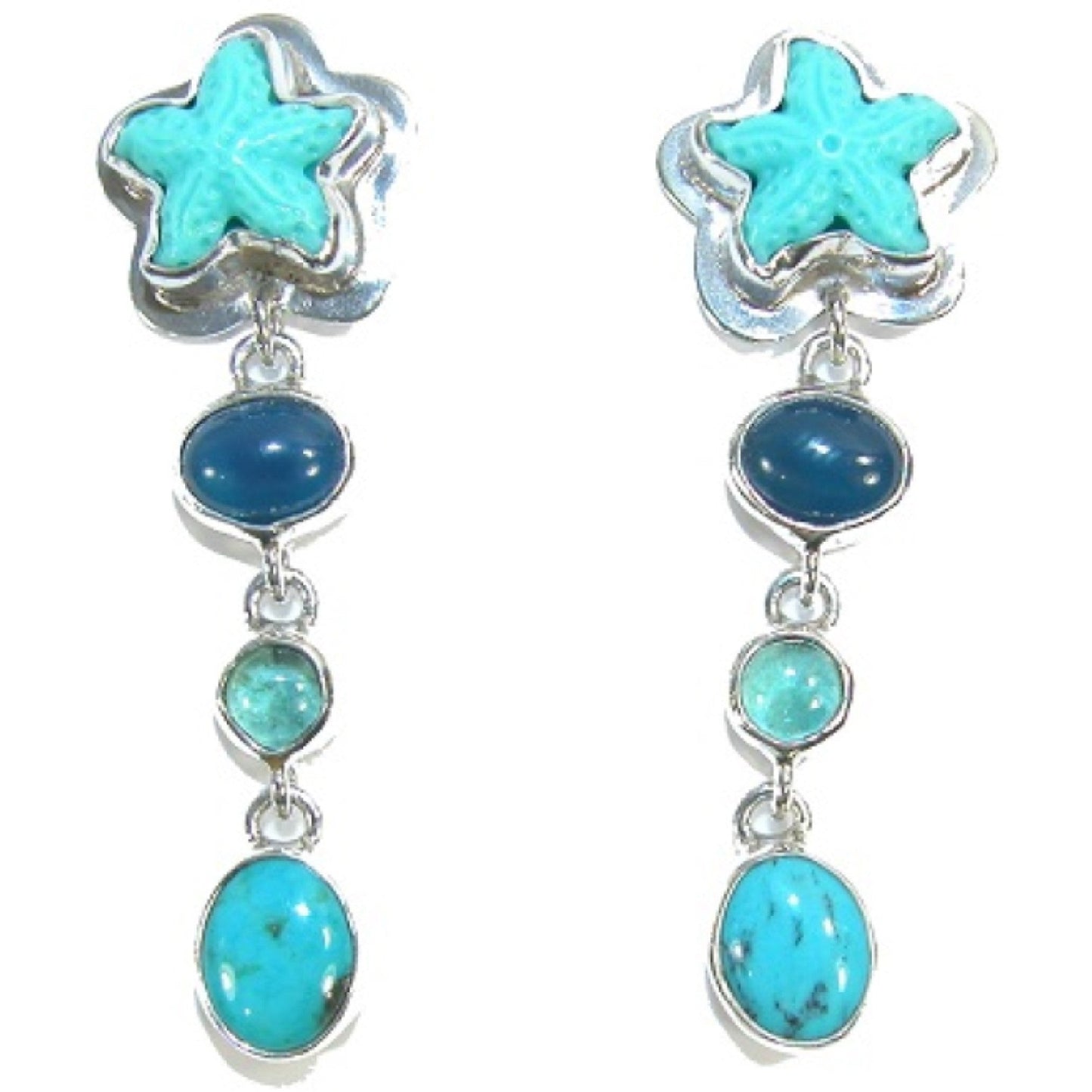 22656 Turquoise, Apatite and Blue Onyx Starfish Dangle Sterling Silver Earrings