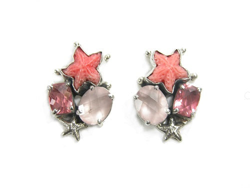 Carved Starfish Pink Quartz Sterling Silver Earring
