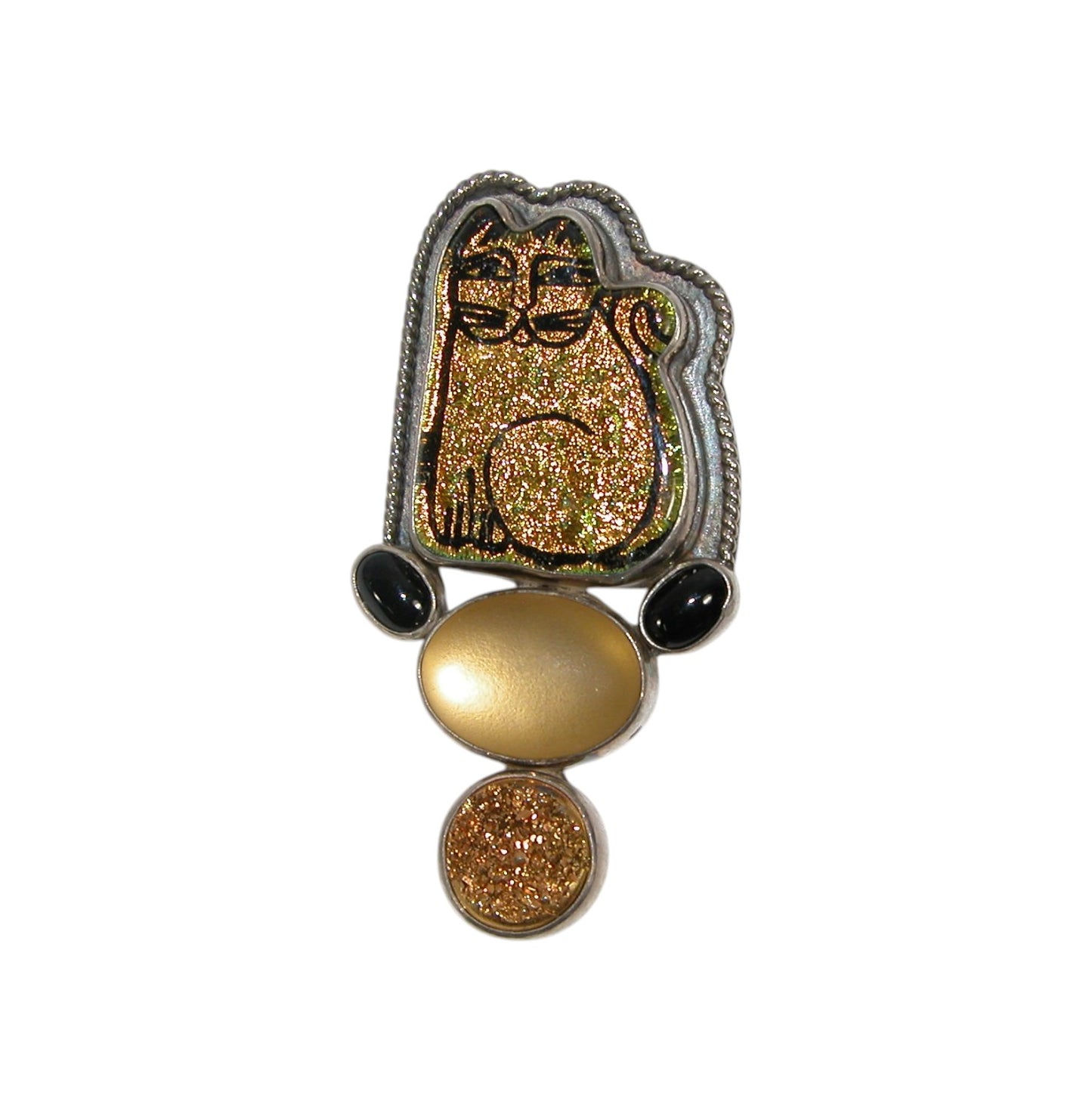 2266A Dichroic Glass, Gold Clad Drusy, Gold Under Quartz, Black Onyx Sterling Silver Pin Pendant