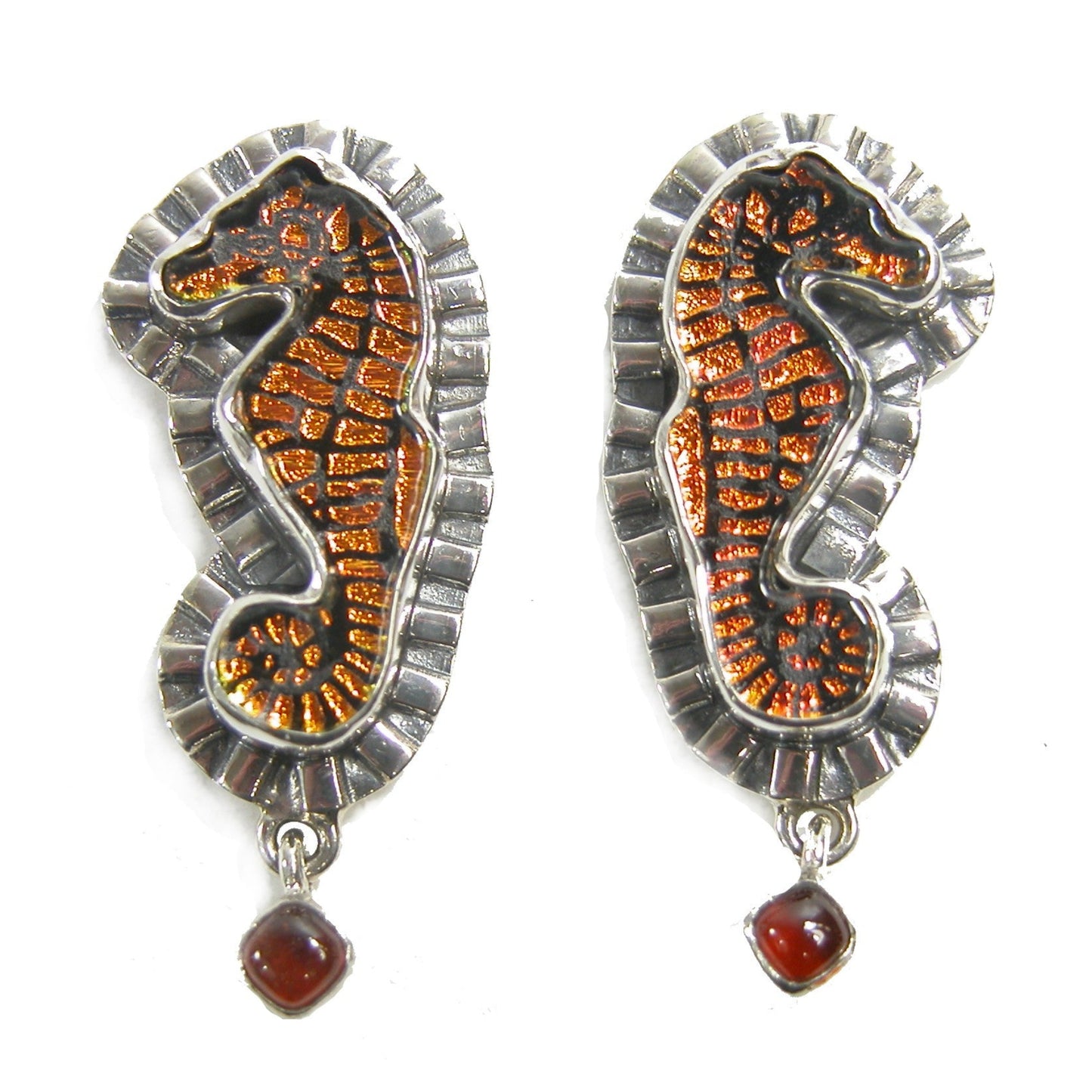 22665 Hessonite, Dichroic Glass, Seahorse Sterling Silver Earrings