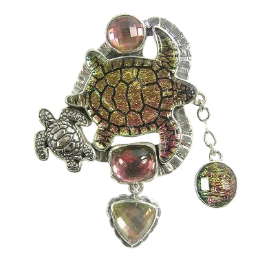 22672 Dichroic Glass Turtle Faceted Quartz Sterling Silver Pin Pendant