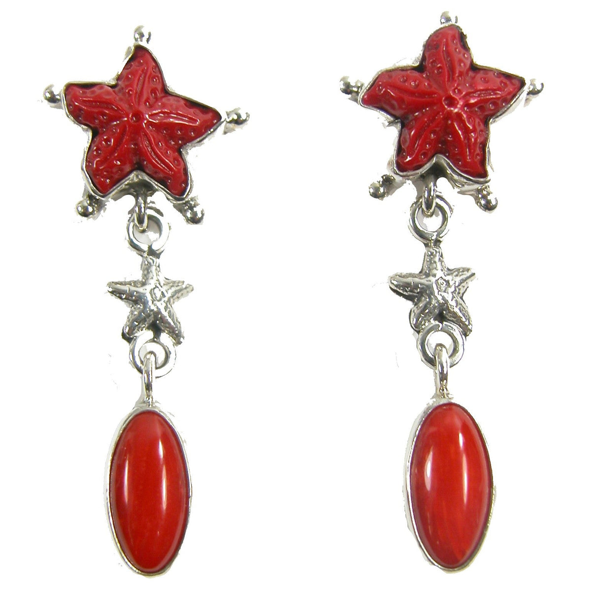 22676 Carved Starfish, Bamboo Coral, Sterling Silver Earrings