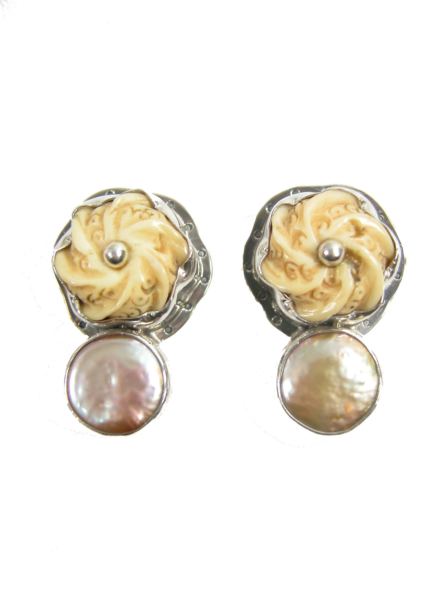 22680 Carved Bone, Freshwater Pearl Sterling Silver Earrings