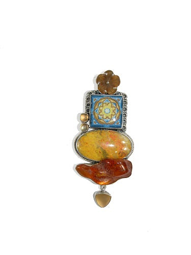 Hand Painted Miniature Tile Amber Sterling Silver Pin Pendant