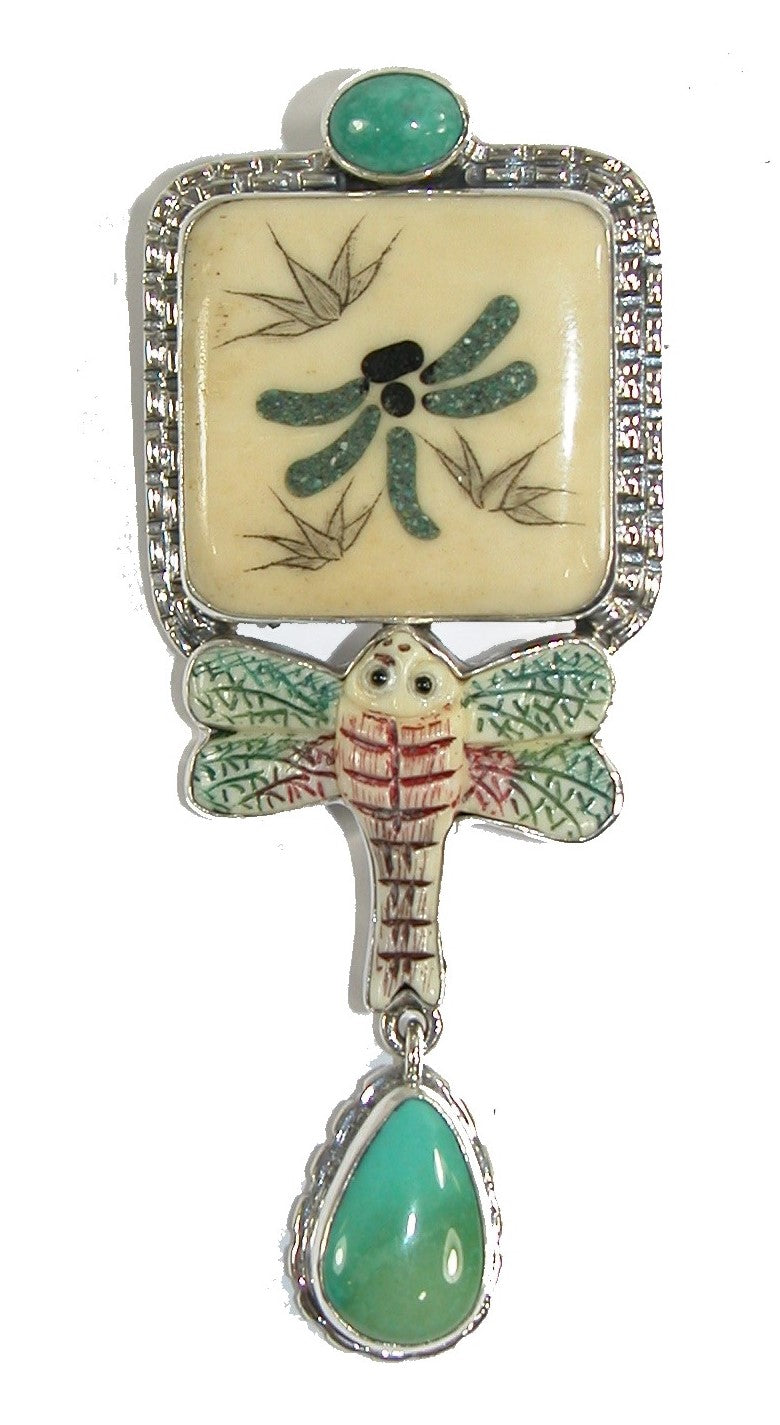 22723 Hand Carved Bone Dragonfly Turquoise Sterling Silver Pin Pendant