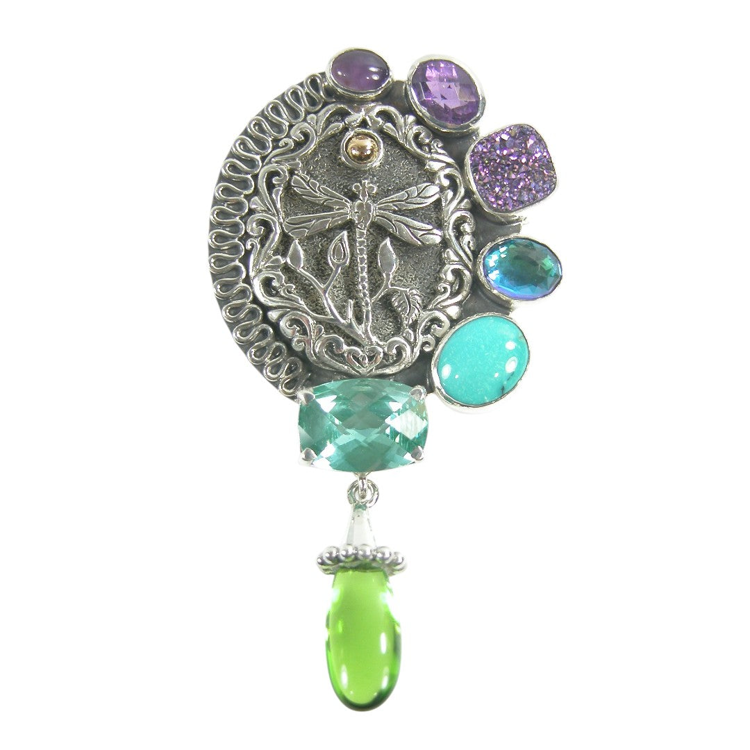 22758 Amethyst Titanium Clad Druzy Turquoise Dragonfly Sterling Silver Pin Pendant