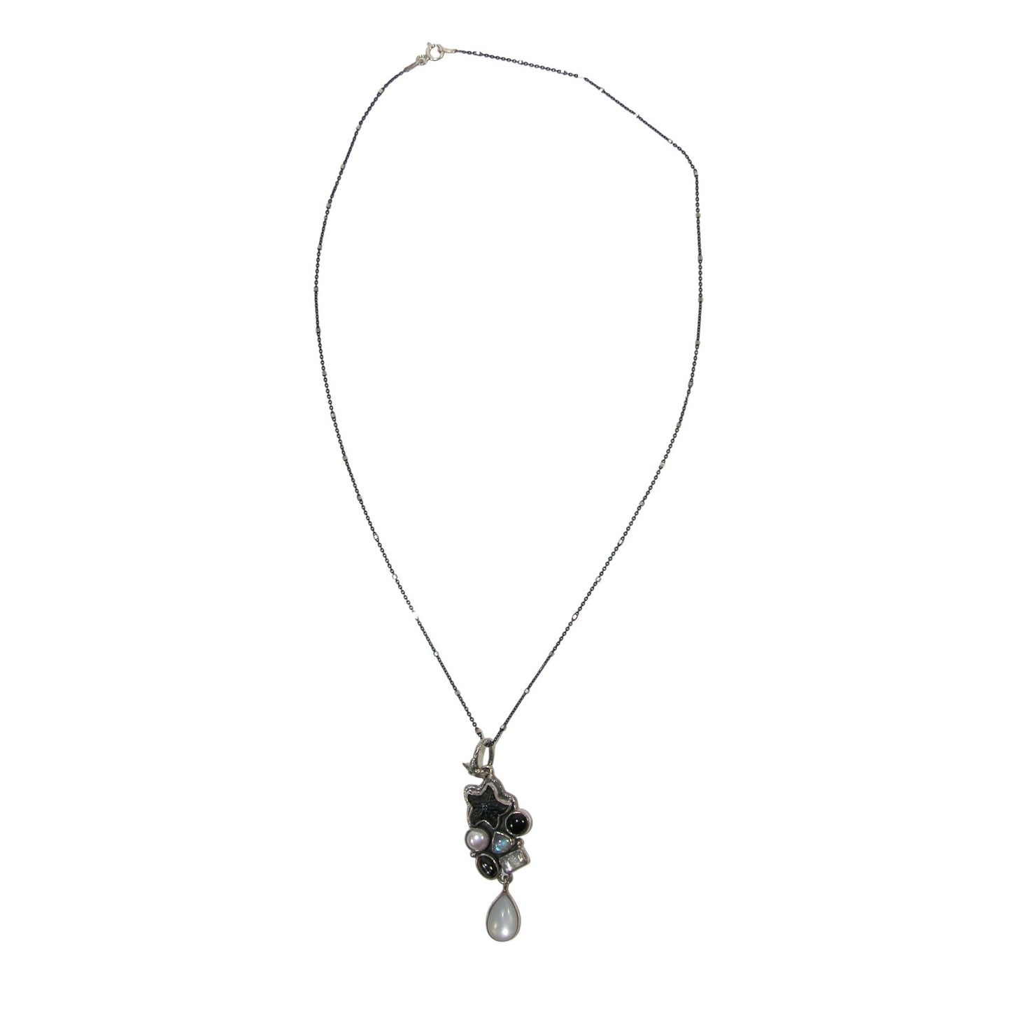 22776C Carved Starfish, Pearl, Onyx Sterling Silver Necklace