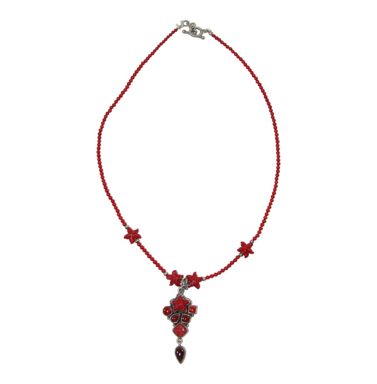 22776 Garnet, Coral, Quartz Starfish Cluster Sterling Silver Necklace