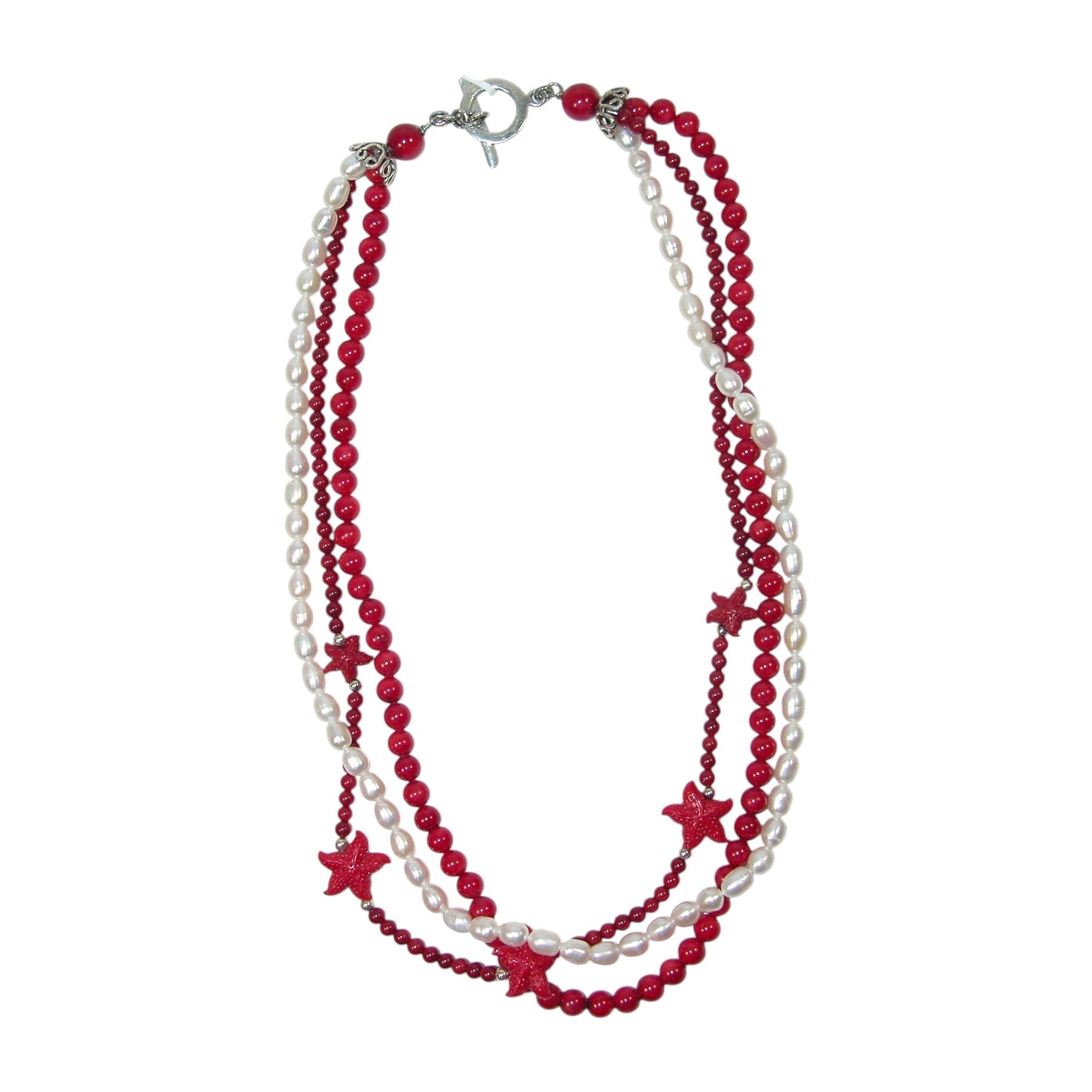 22797A Freshwater Pearl, Carnelian Three Strand Sterling Silver Necklace