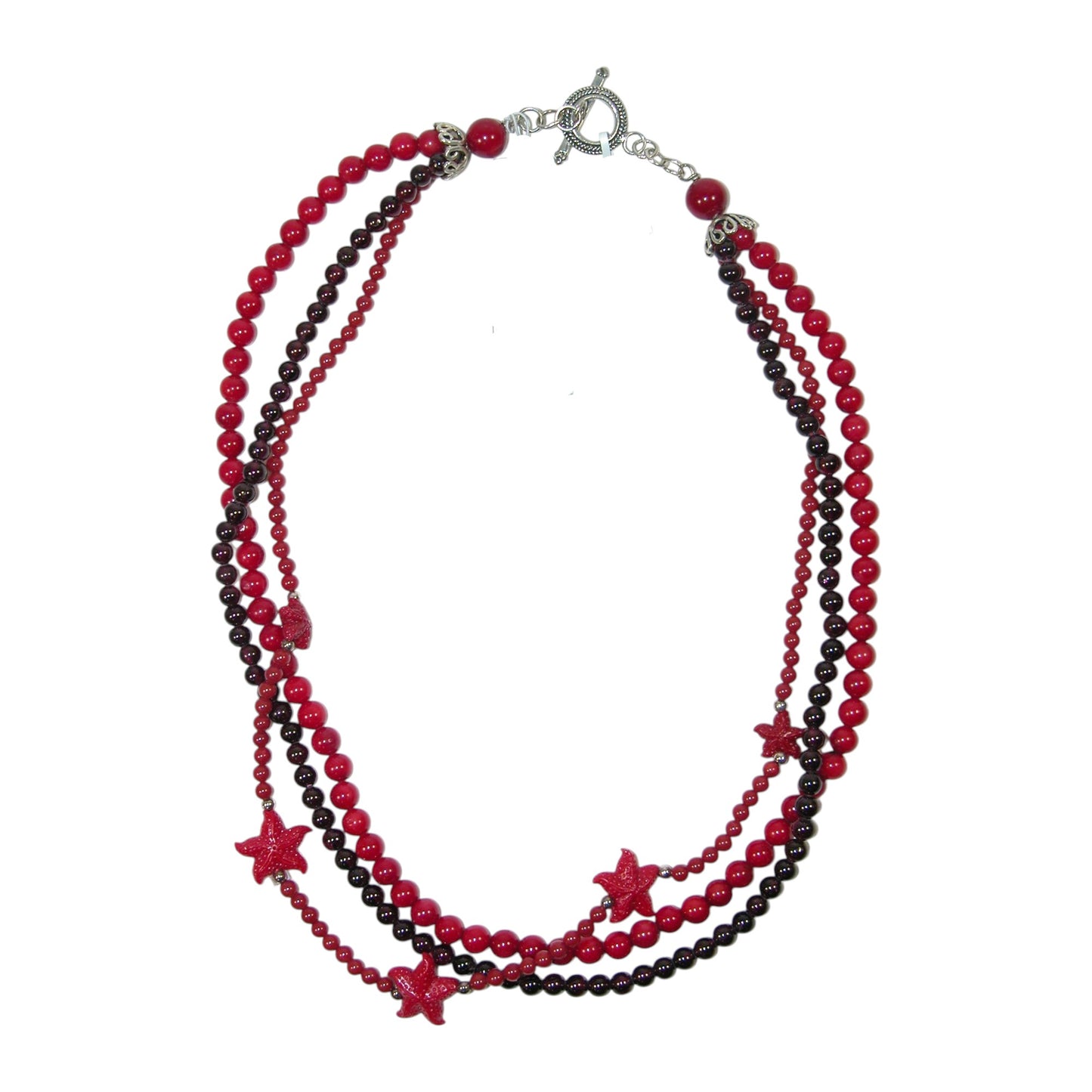 22797 Garnet, Coral Three Strand Sterling Silver Necklace