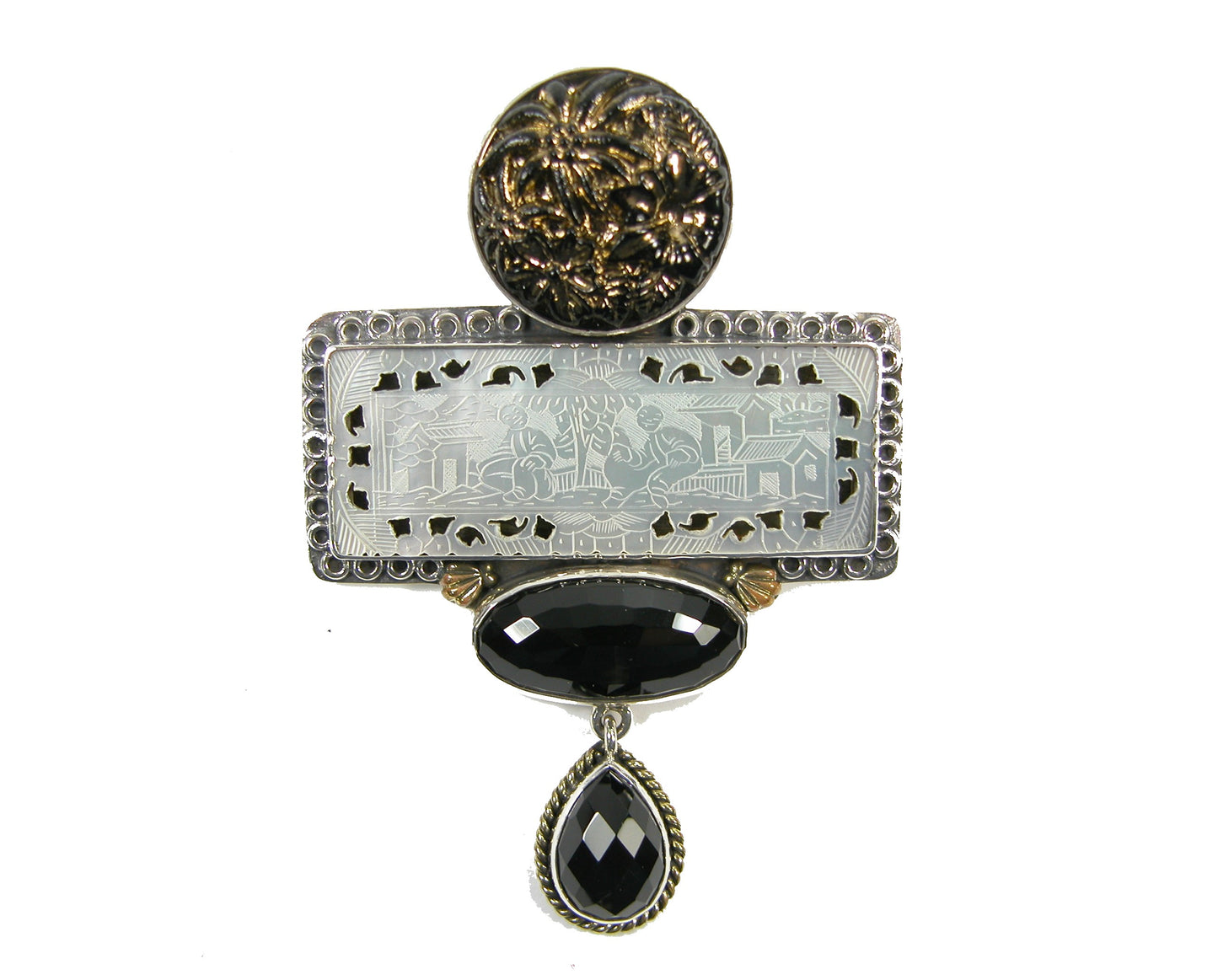 22830 Vintage Chinese Game Piece, Black Onyx Sterling Silver Pin Pendant
