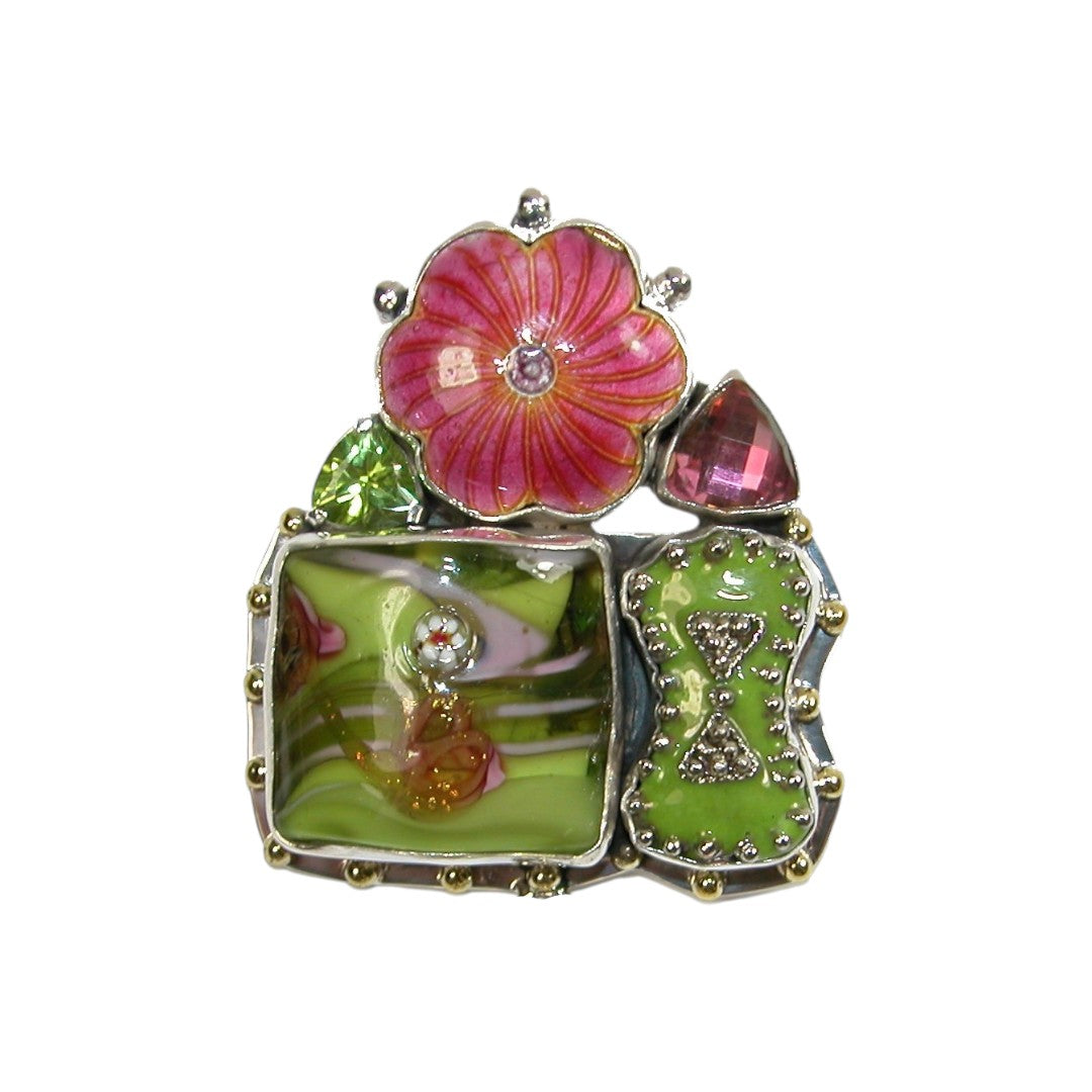 22863 Cloisonne, Peridot, Celestial Quartz, Hand Made Glass Sterling Silver Pin and Pendant