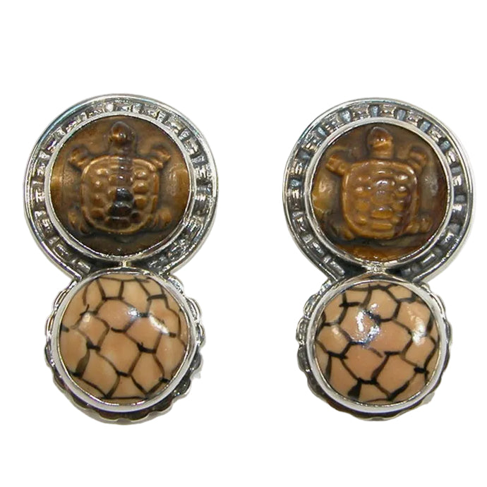 22878 Carved Tiger's Eye Turtle, Bone Sterling Silver Earrings