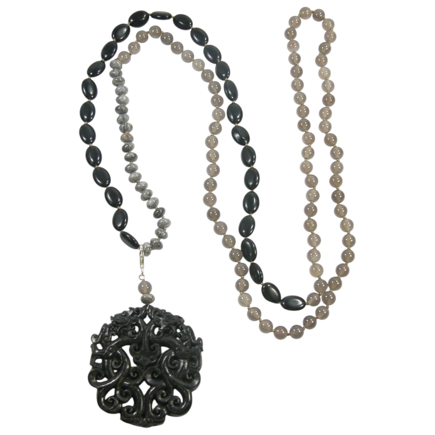 22892 Grey Agate, Black Agate, Picasso Jasper, Carved Jade Beaded Sterling Silver Necklace