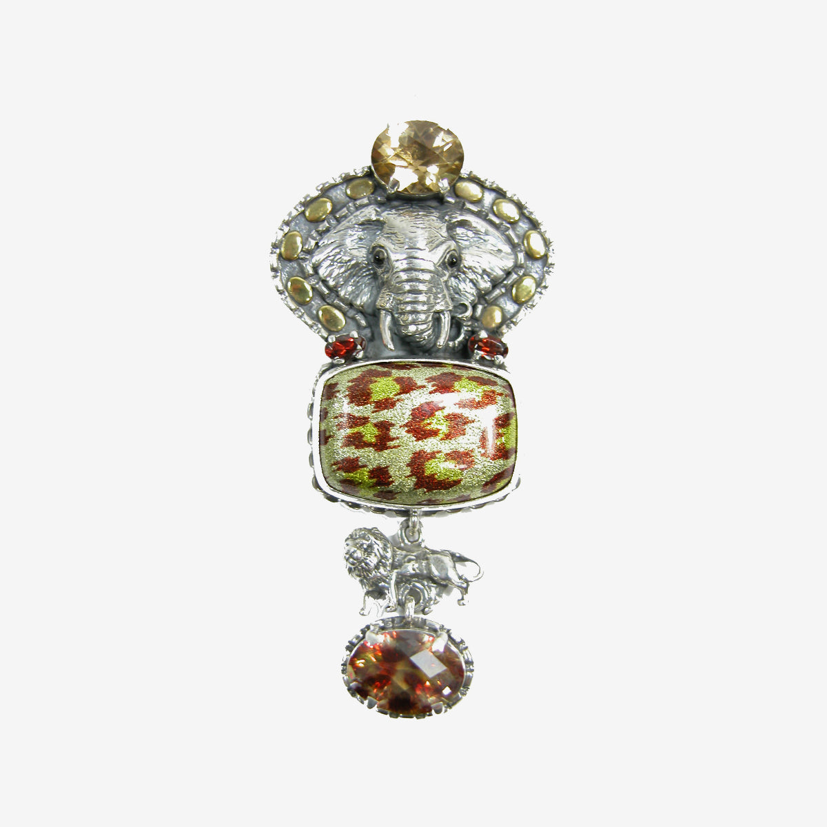 28016 Enameled Agate, Topaz, Quartz Elephant Sterling Silver Pin / Pendant