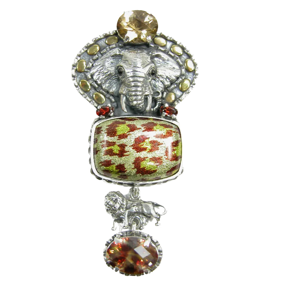 28016 Enameled Agate, Topaz, Quartz Elephant Sterling Silver Pin / Pendant
