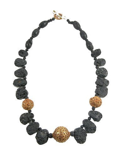 28914 Obsidian Repousse Gold Clad Bead Necklace