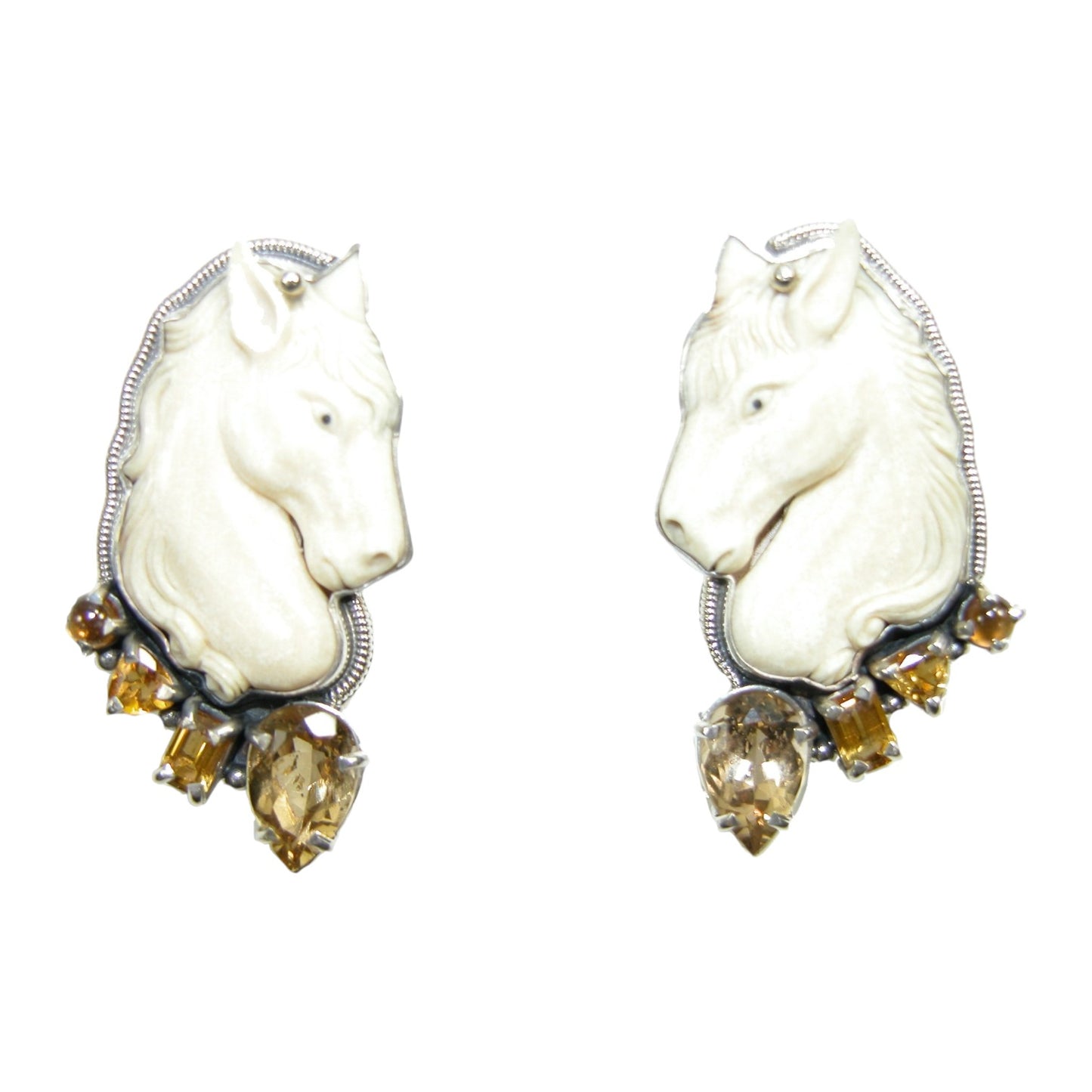 Hand Carved Fossil Ivory Horse, Citrine, Smoky Topaz Sterling Silver Earrings