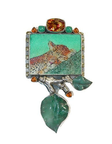 Leopard Gemstone Mosaic Carved Jade Sterling Silver Pin and Pendant