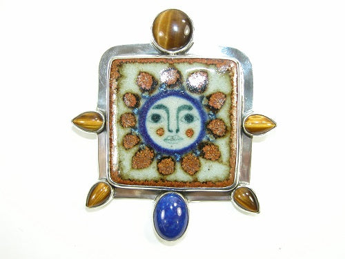 Hand Painted Mexican Tile Tiger's Eye Lapis Sterling Silver Pin Pendant