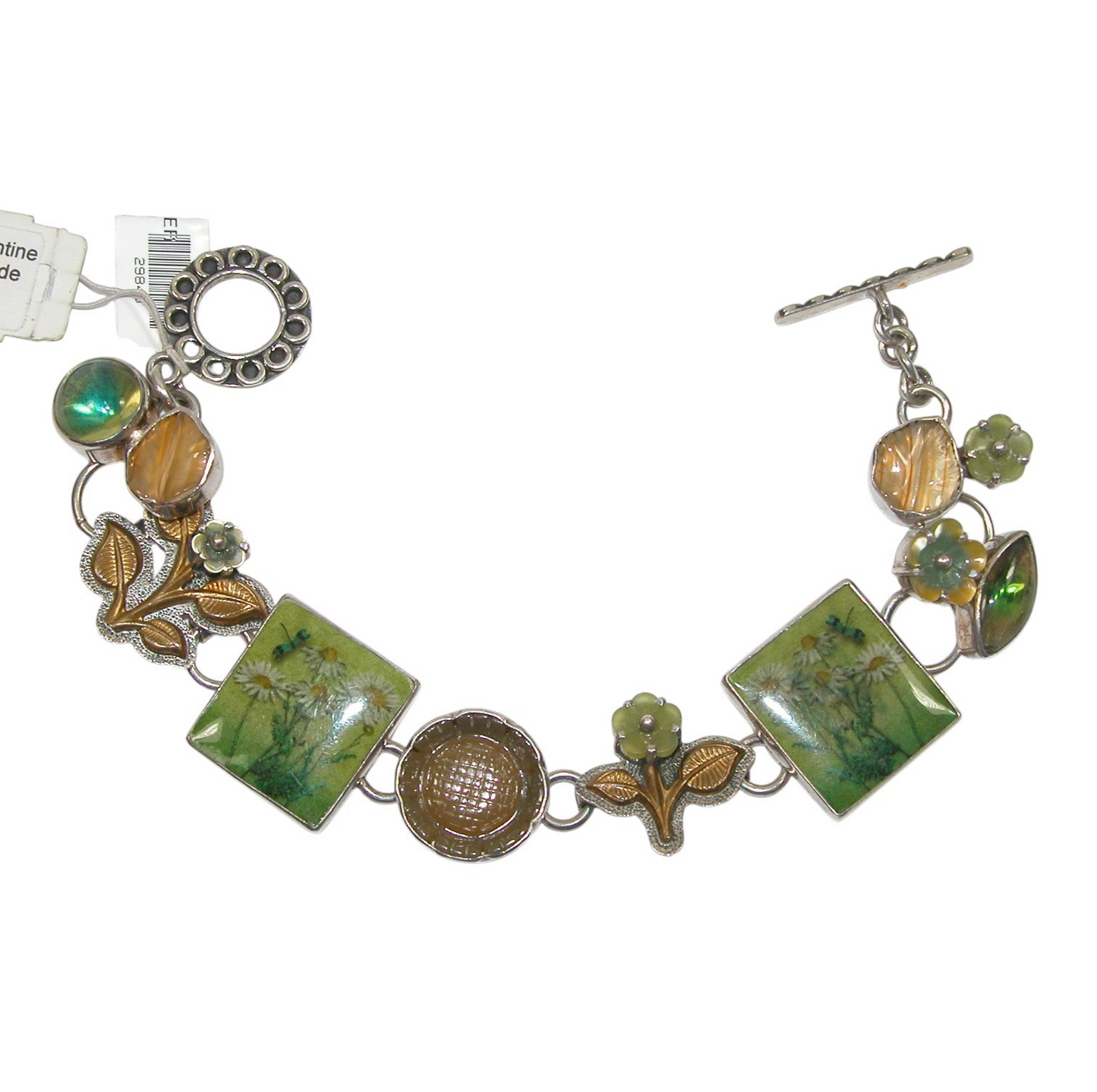 Mother of Pearl, Serpentine Jade, Glass, Citrine Sterling Silver Bracelet
