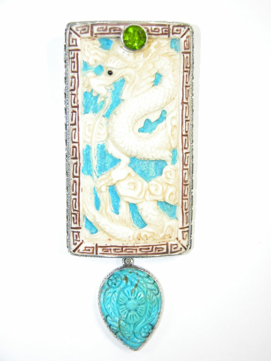 Hand Carved Bone Dragon with Green Quartz Pin Pendant