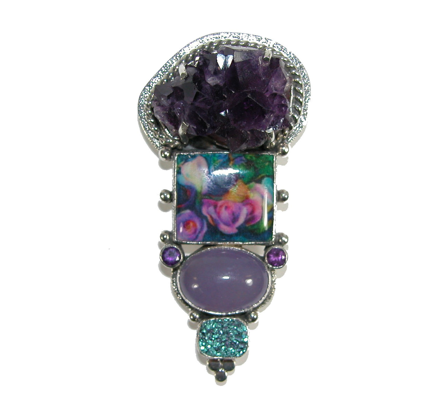 29086 Amethyst, Phosphosiderite, Drusy, Hand Made Tile Sterling Silver Pin and Pendant