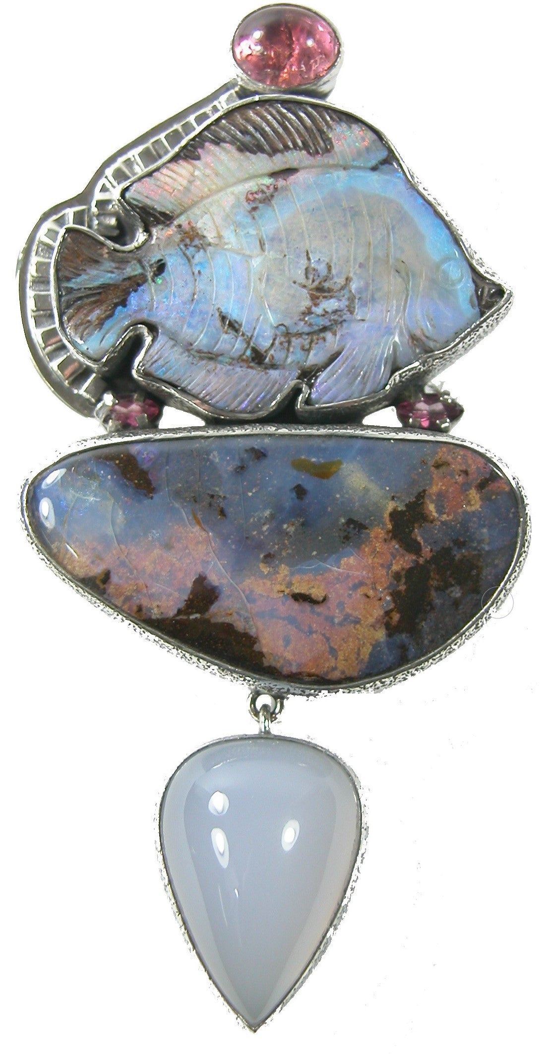Boulder Opal Chalcedony Fish Sterling Silver Pin Pendant
