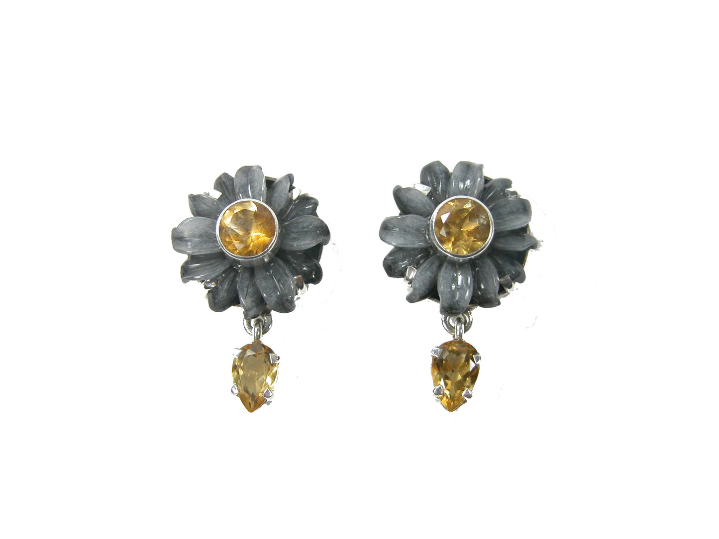 29204 Hand Carved Agate Flower, Citrine Sterling Silver Earrings
