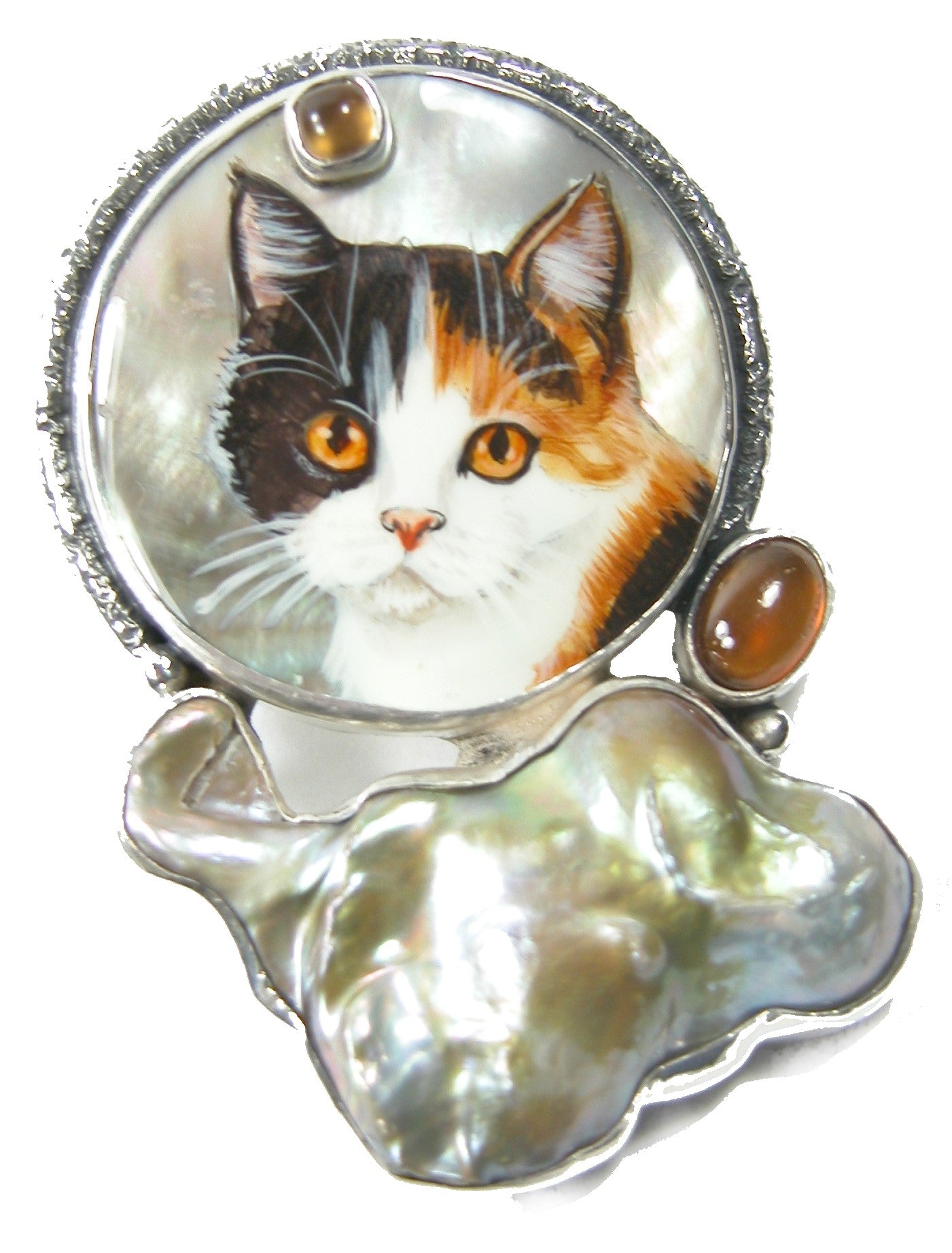 Hand Painted Cat Miniature Freshwater Pearl Sterling Silver Pin and Pendant