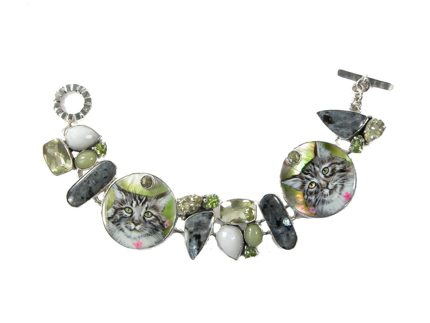 Hand Painted Miniature Cat Painting Peridot Sterling Silver Bracelet