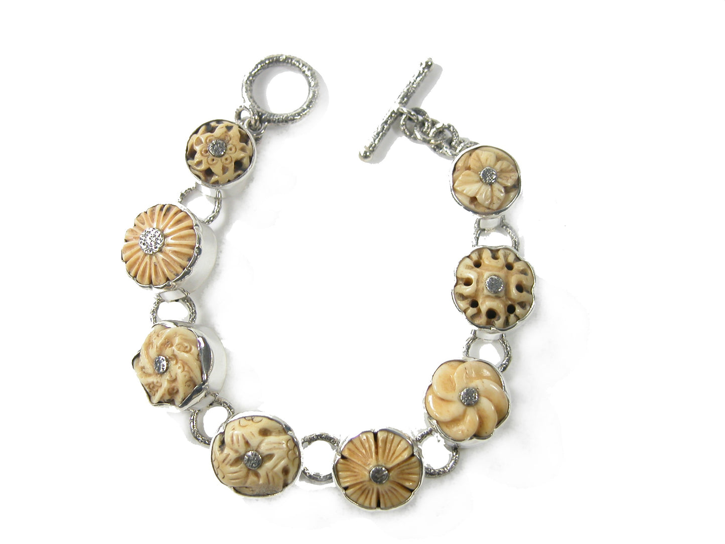 29228 Hand Carved Bone Sterling Silver Bracelet