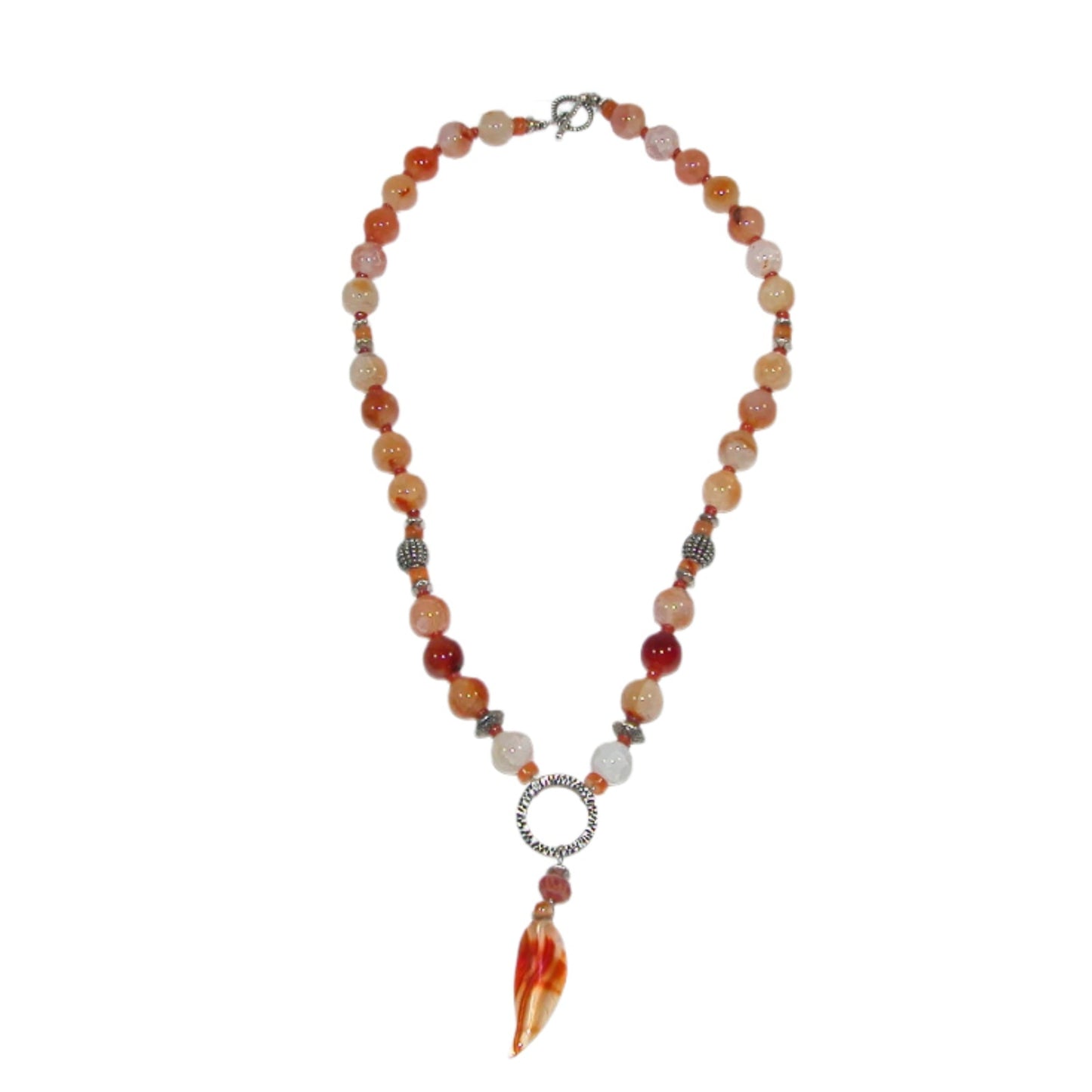 29276 Carnelian Carved Leaf Pendant Sterling Silver Beaded Necklace