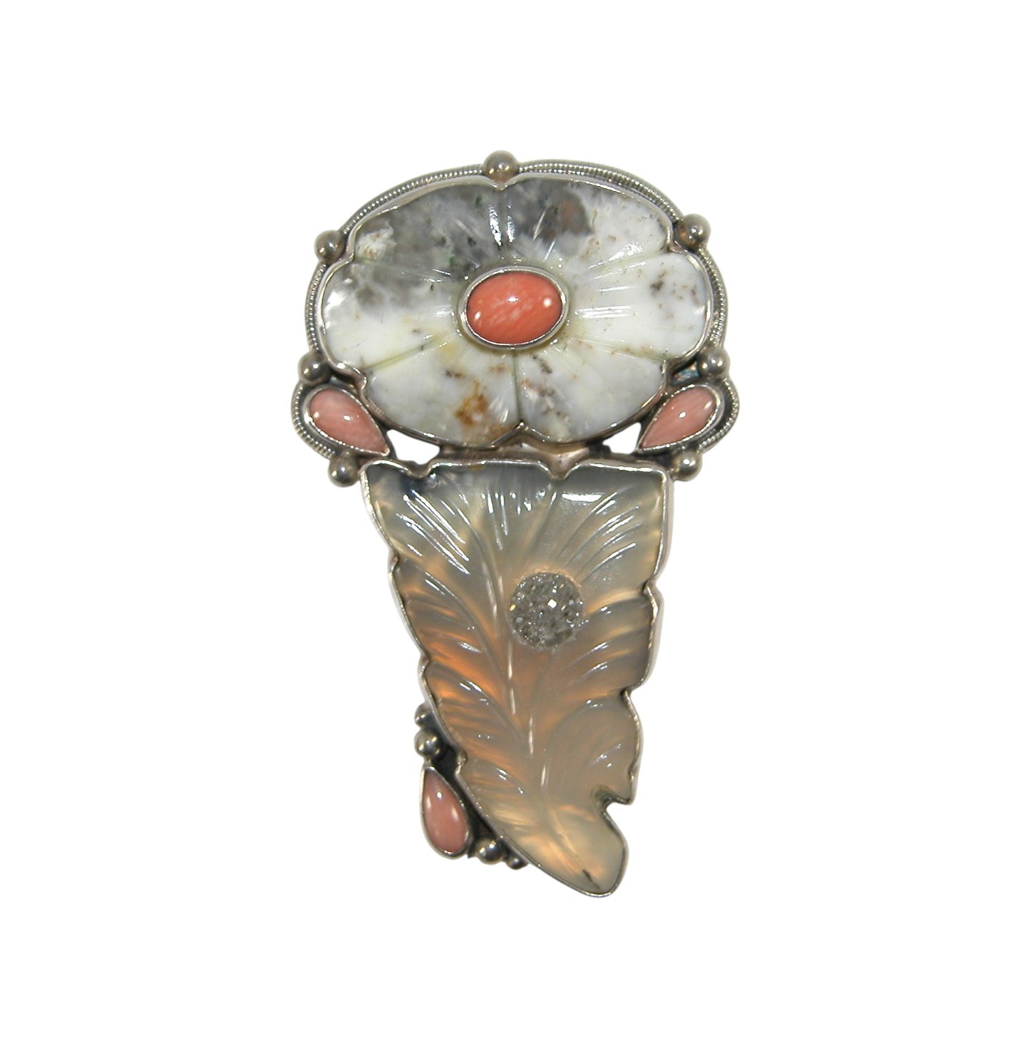 29290 Coral, Quartz Agate Sterling Silver Pin and Pendant