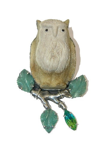 Hand carved Antler Owl with Vintage Glass, and Jade Pin Pendant