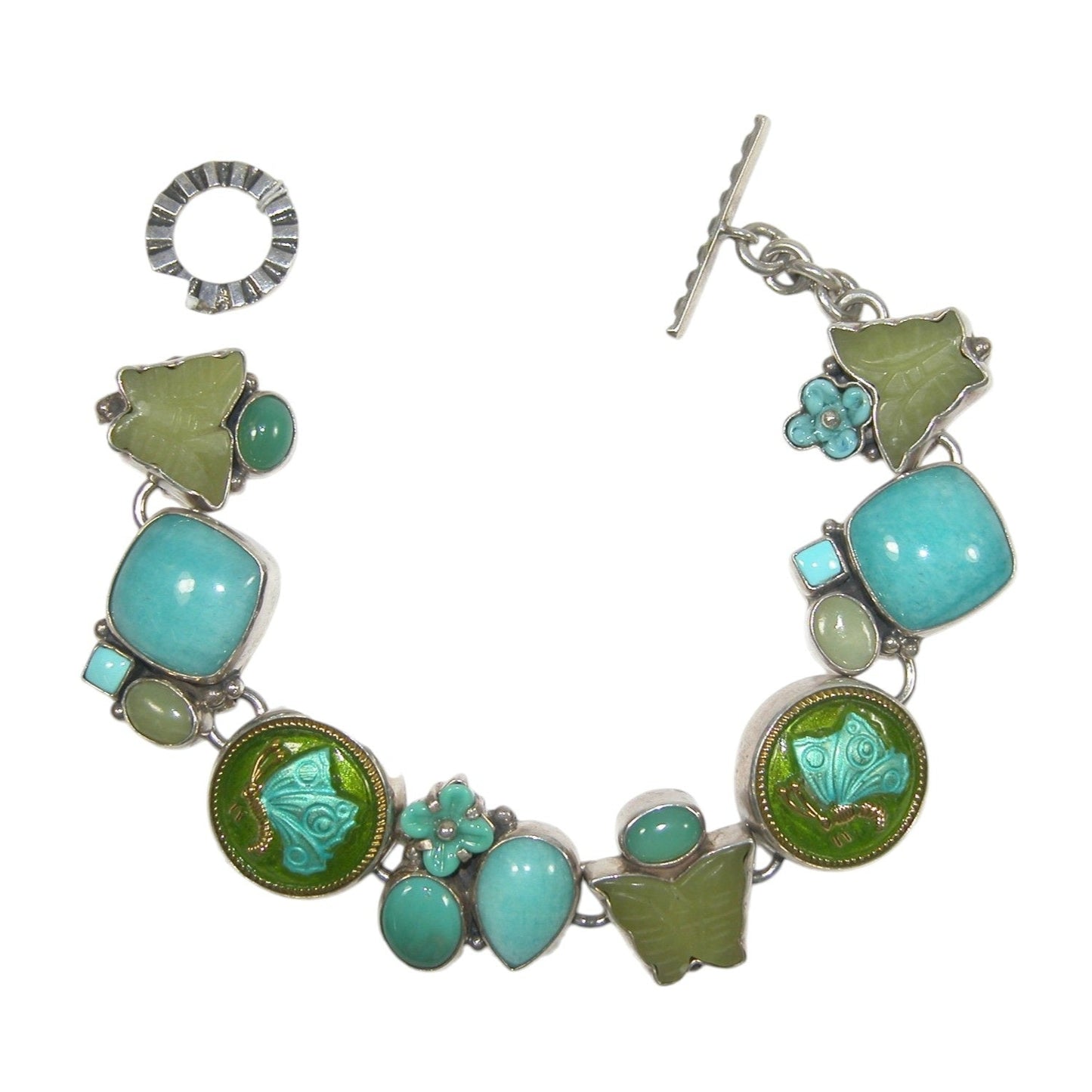 Amazonite, Chrysoprase, Serpentine Jade, Turquoise Butterfly Sterling Silver Bracelet