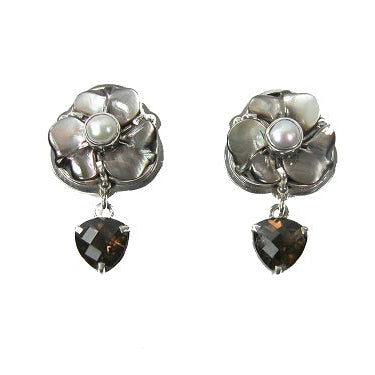 29317 Carved Mother of Pearl Flower Sterling Silver Earrings