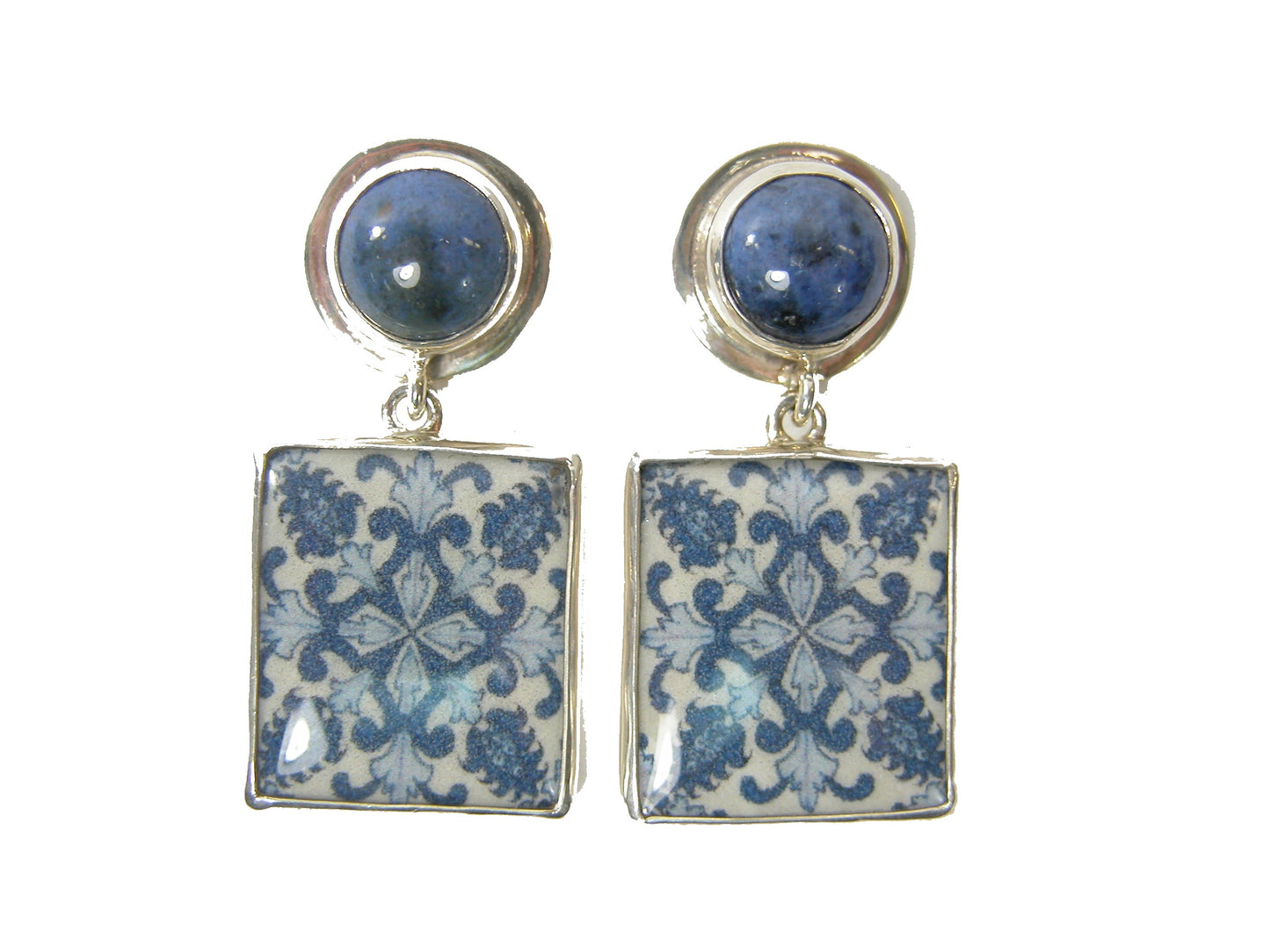 29342 Blue Hand Painted Enamel Button with Hand Made Tile with Sterling Silver Earrings
