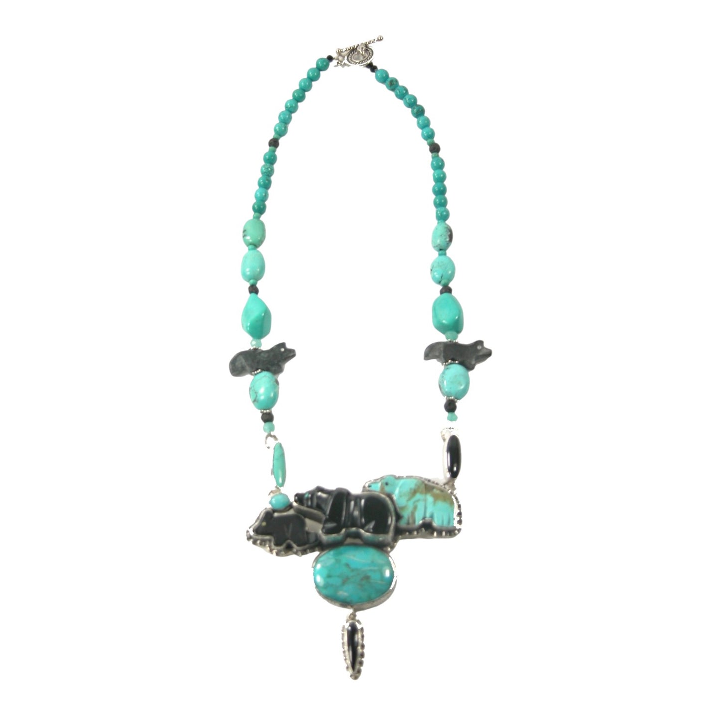 Turquoise, Carved Black Onyx Bear Beaded Sterling Silver Necklace