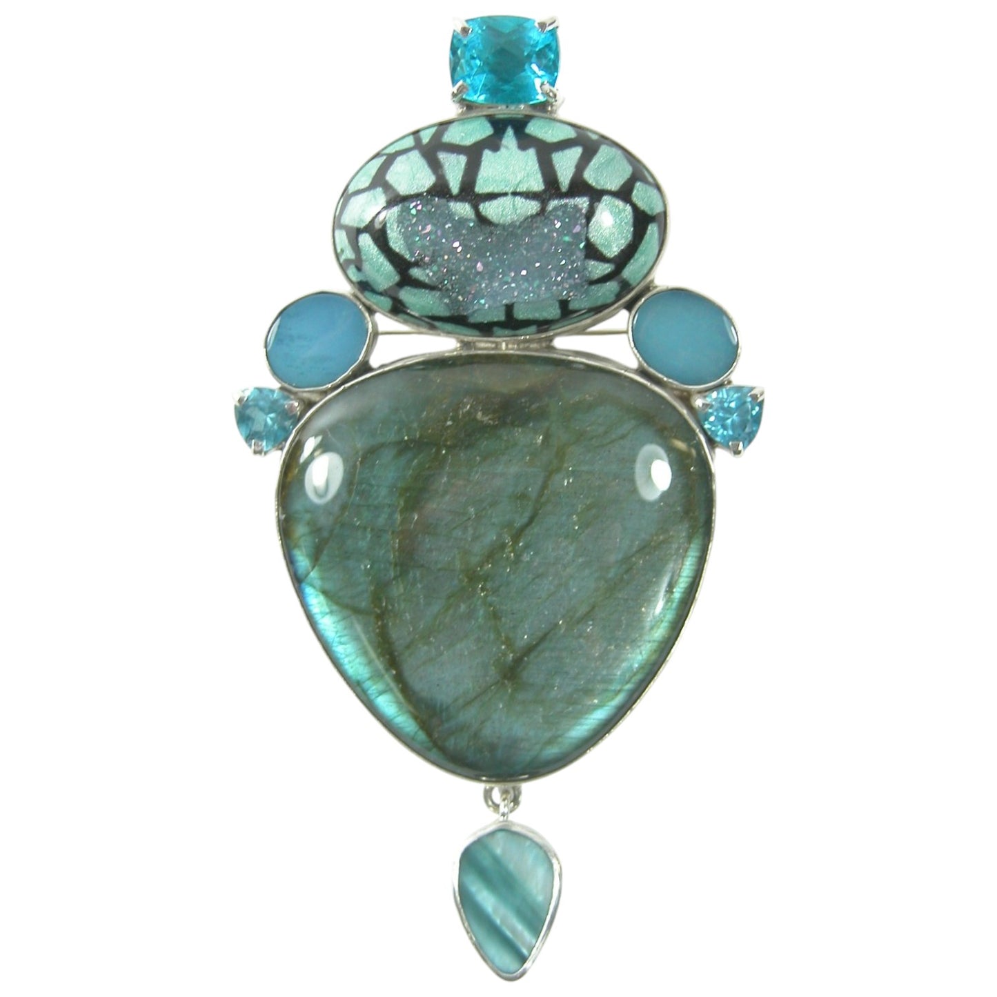 Labradorite, Opal, Blue Topaz, Mother of Pearl, Quartz Sterling Silver Pin and Pendant