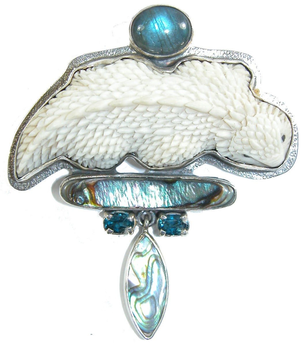 Carved Lizard Labradorite Abalone Sterling Silver Pin Pendant