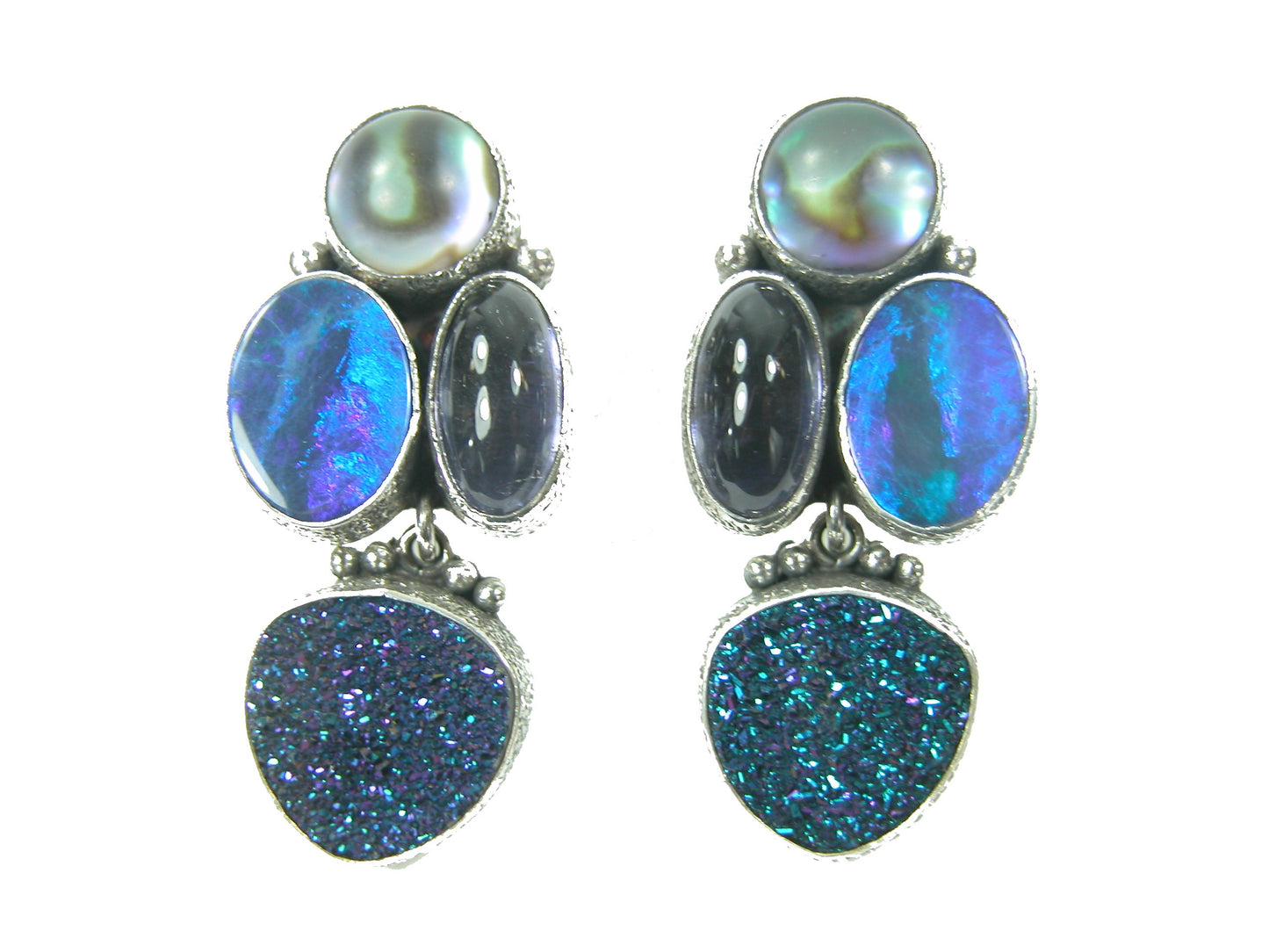 Opal Iolite Cluster Sterling Silver Earring