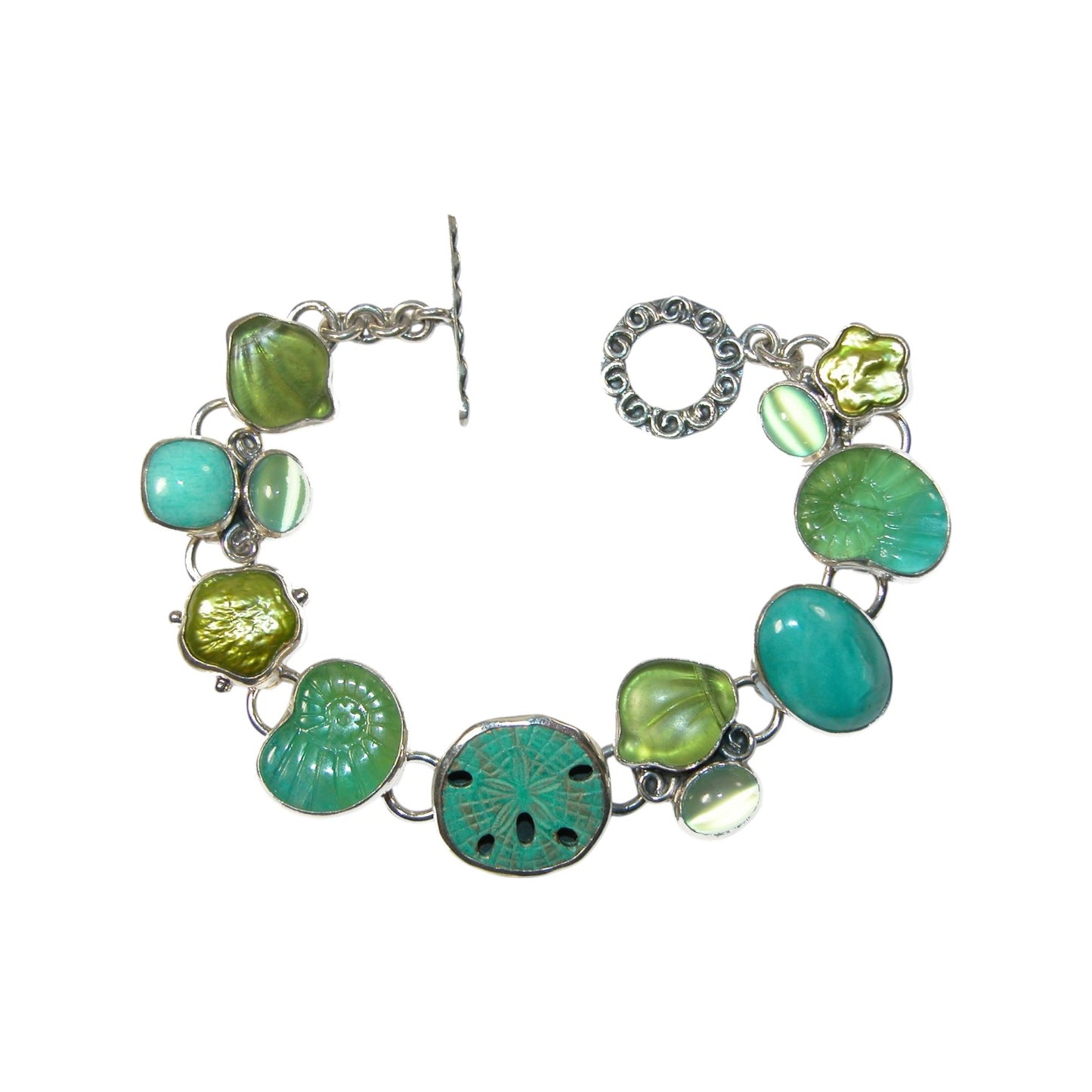 29442 Turquoise Sea Glass Sealife Sterling Silver Bracelet
