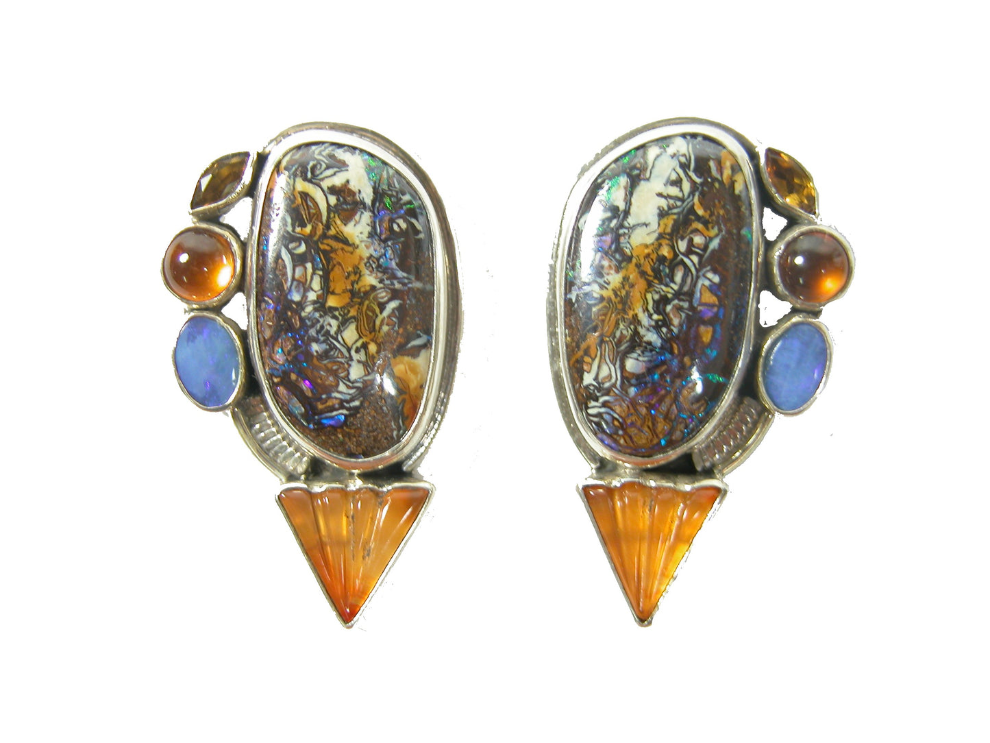 Boulder Opal Citrine Carnelian Cluster Sterling Silver Earring