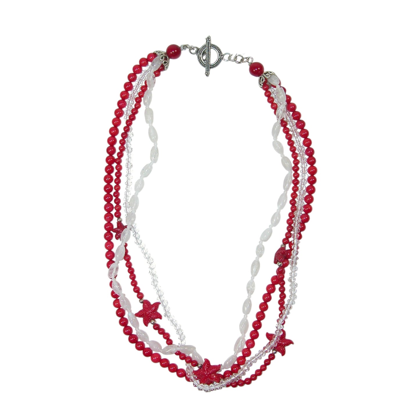 29492 Quartz, Coral Three Strand Sterling Silver Necklace